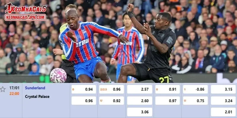 Tỷ lệ kèo chi tiết của của trận Sunderland vs Crystal Palace