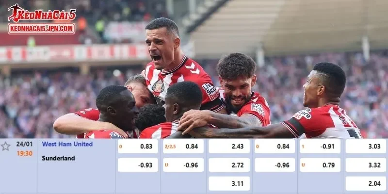 Tỷ lệ kèo chi tiết của của trận West Ham vs Sunderland 