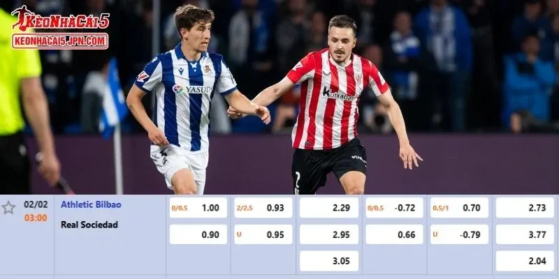 Tỷ lệ kèo chi tiết nhất cho trận đấu giữa Athletic Club vs Real Sociedad
