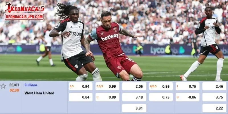 Tỷ lệ kèo chi tiết của của trận Fulham vs West Ham